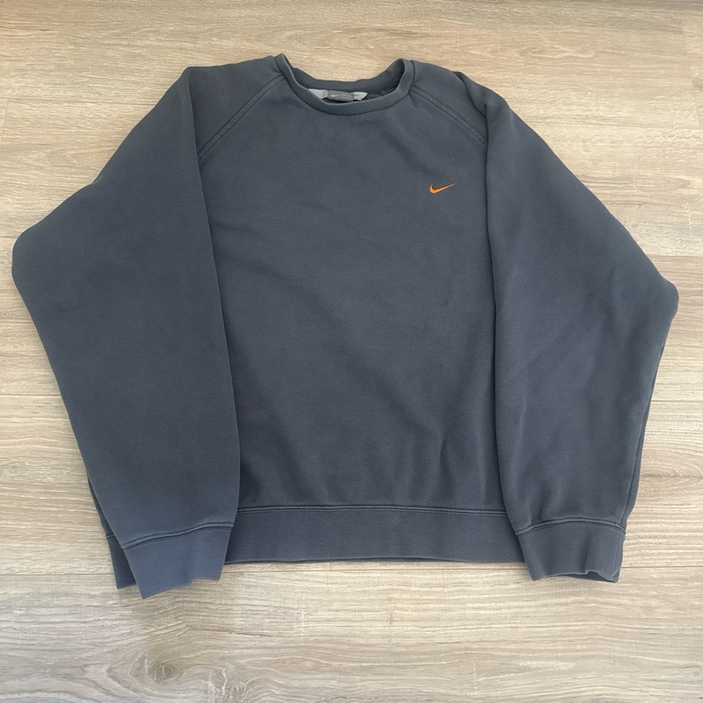 Nike Men's Dark Gray Crewneck Sweater with Orange Logo